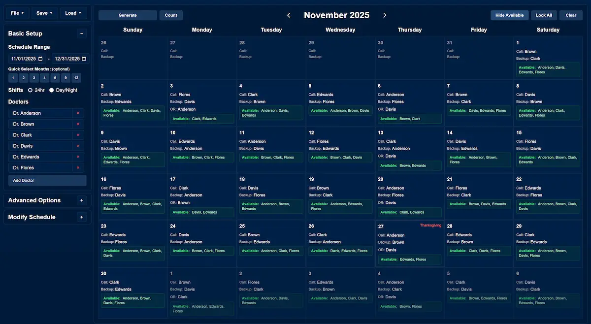 OrchestrateHealth calendar interface showing physician call schedule