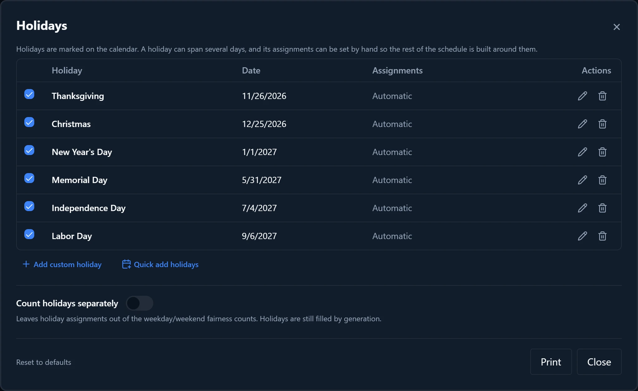 The Holidays dialog listing holidays with their dates and assignments, plus Count holidays separately.