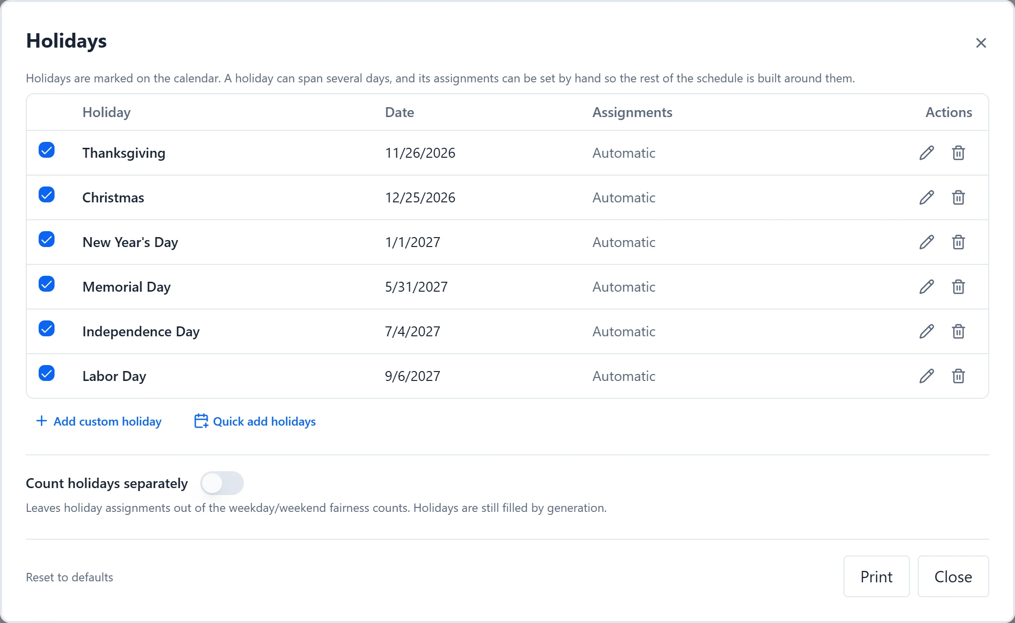 The Holidays dialog listing holidays with their dates and assignments, plus Count holidays separately.