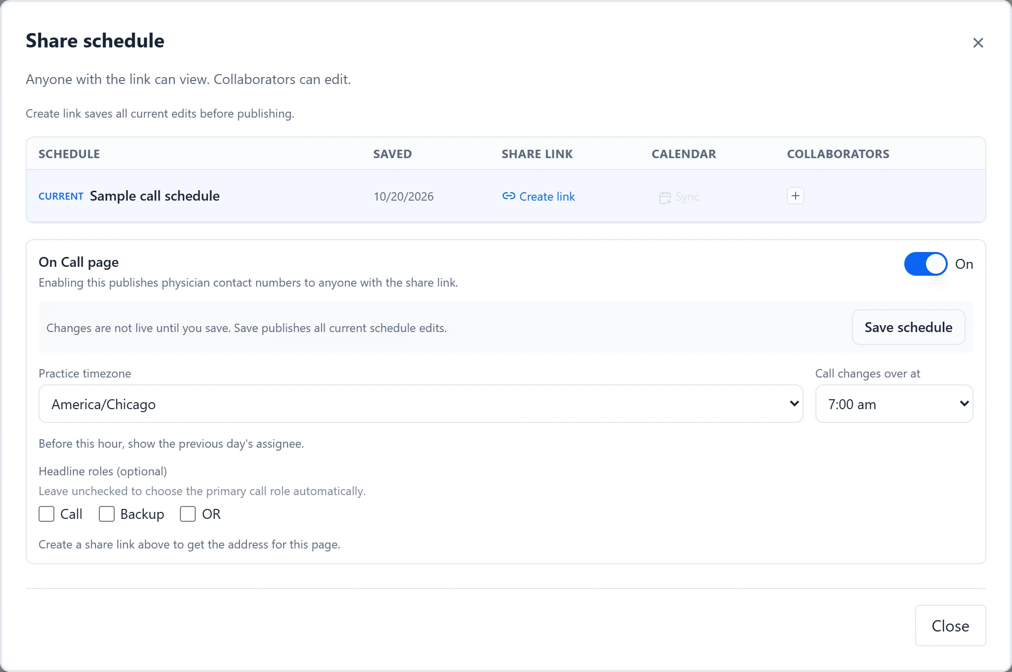 The Share schedule dialog with the share link row and the On Call page settings: practice timezone, changeover hour, and headline roles.