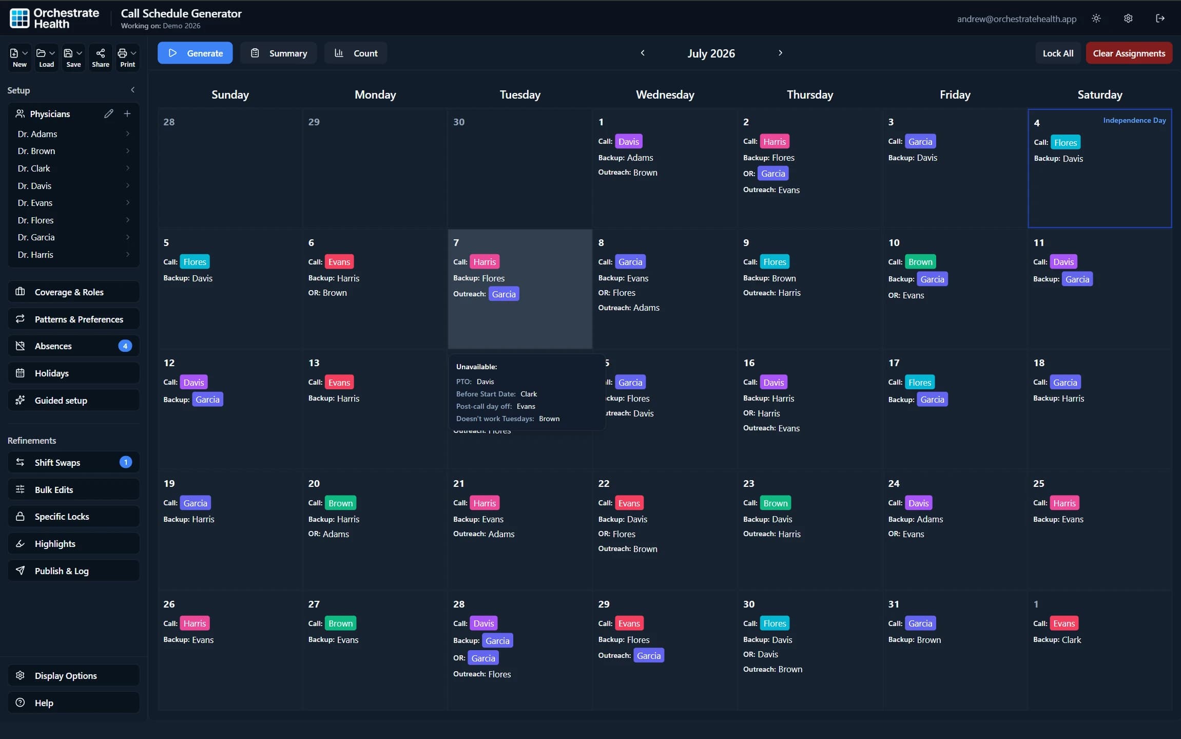 A July call schedule with call, backup, OR, and outreach assignments on each day, July 4 marked as a holiday, and a hover card listing which physicians are unavailable that day and why.