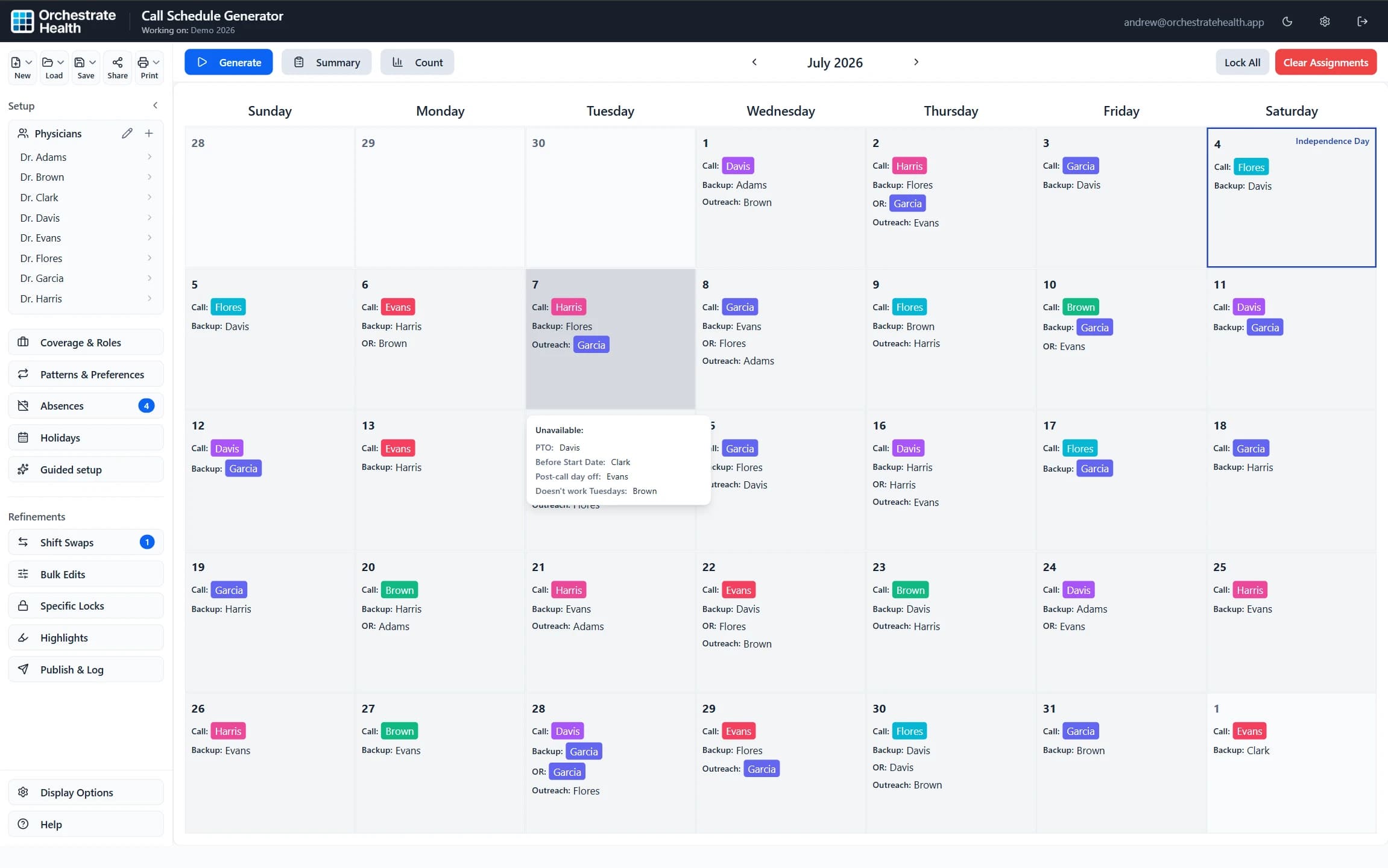 A July call schedule with call, backup, OR, and outreach assignments on each day, July 4 marked as a holiday, and a hover card listing which physicians are unavailable that day and why.