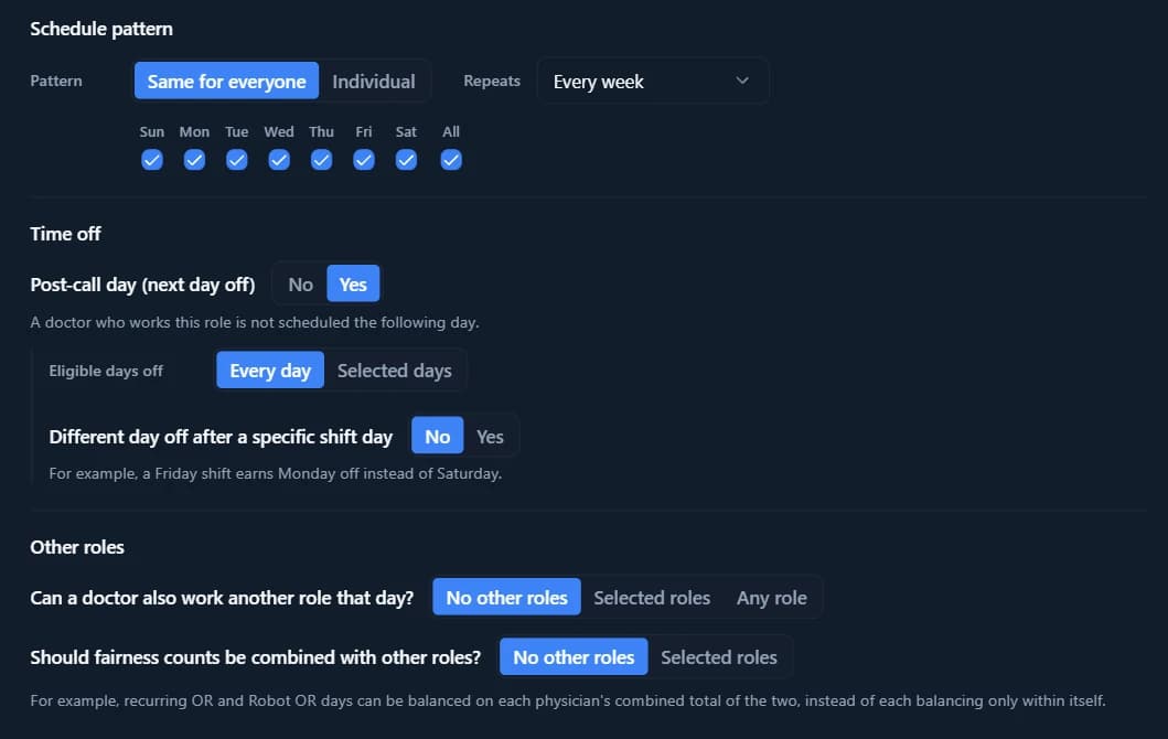 Settings for a call role: the days it runs, a post-call day off, an optional different day off after a specific shift day, whether a physician can work another role the same day, and whether its fairness count is combined with other roles.