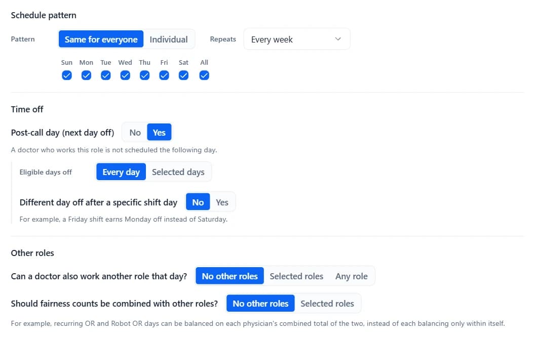 Settings for a call role: the days it runs, a post-call day off, an optional different day off after a specific shift day, whether a physician can work another role the same day, and whether its fairness count is combined with other roles.