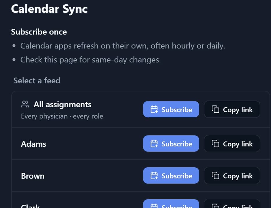 Calendar Sync with Subscribe and Copy link buttons for an all-assignments feed and for each physician’s own feed.