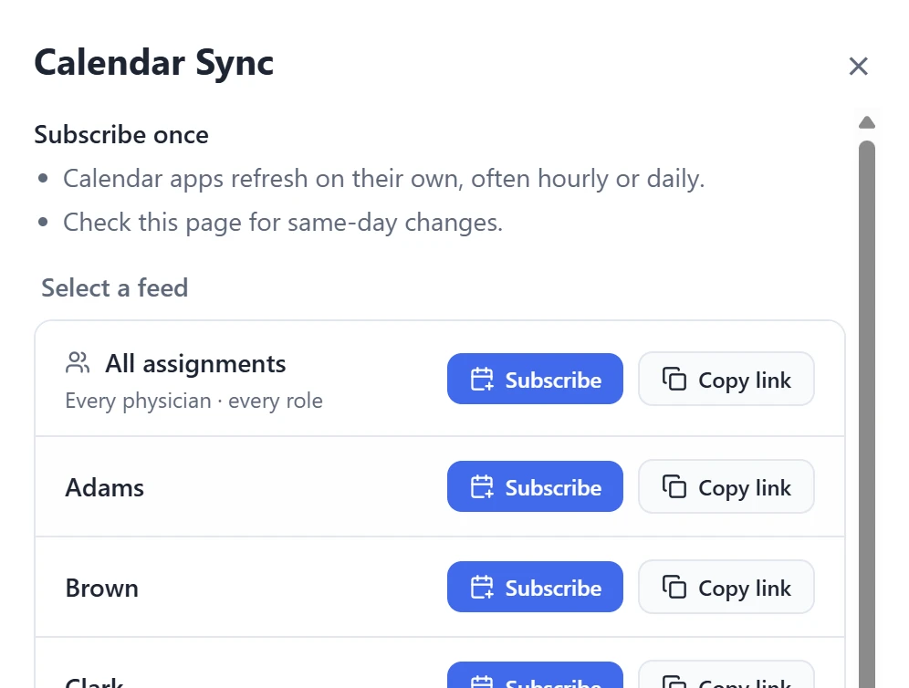 Calendar Sync with Subscribe and Copy link buttons for an all-assignments feed and for each physician’s own feed.
