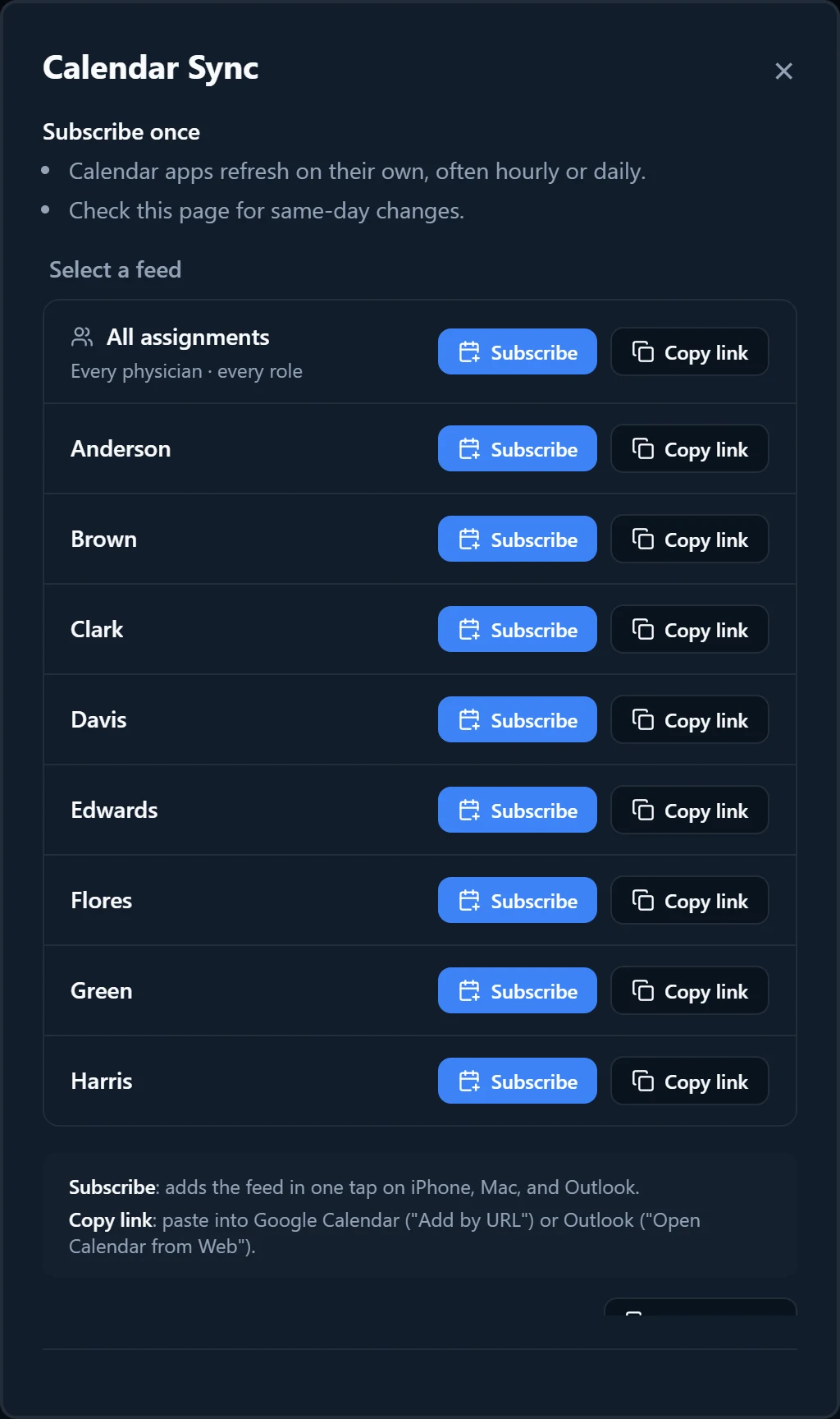 The Calendar Sync dialog with an All assignments feed and one feed per physician, each with Subscribe and Copy link.
