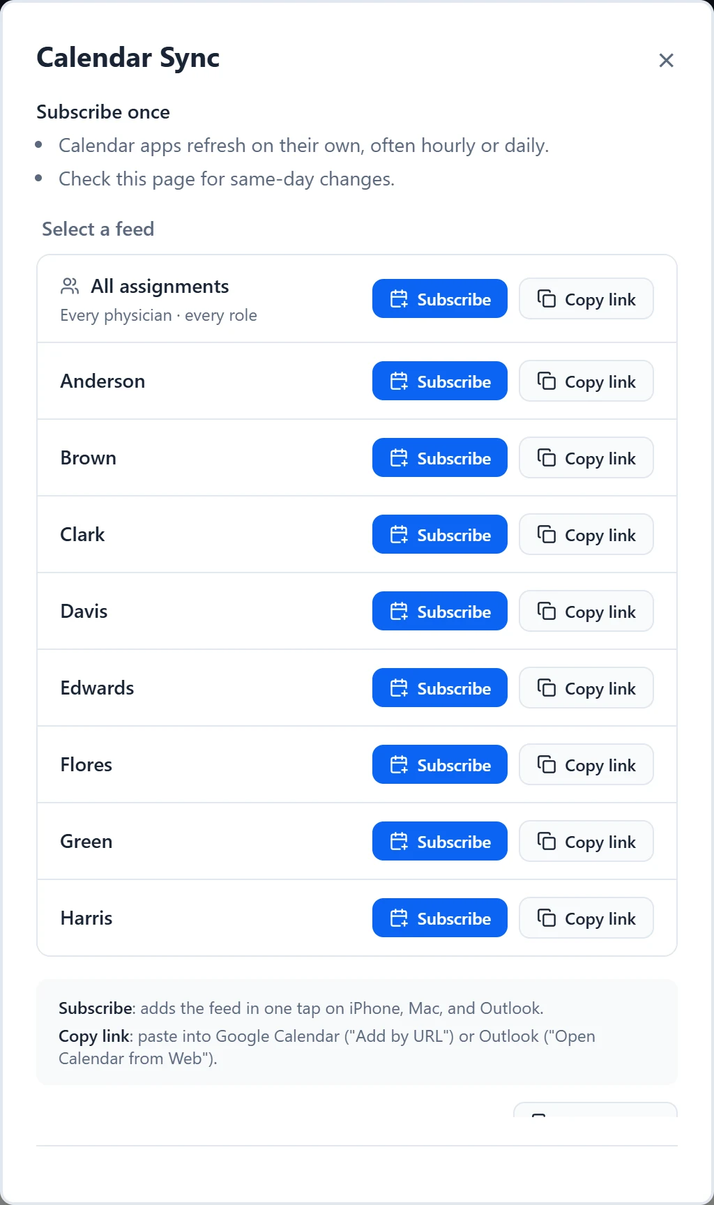 The Calendar Sync dialog with an All assignments feed and one feed per physician, each with Subscribe and Copy link.