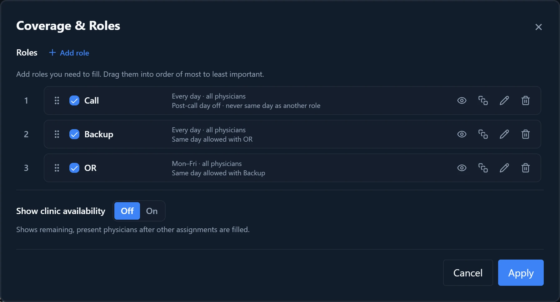 Coverage & Roles listing the Call, Backup, and OR roles in fill order, each with its include checkbox and a summary of its rules.