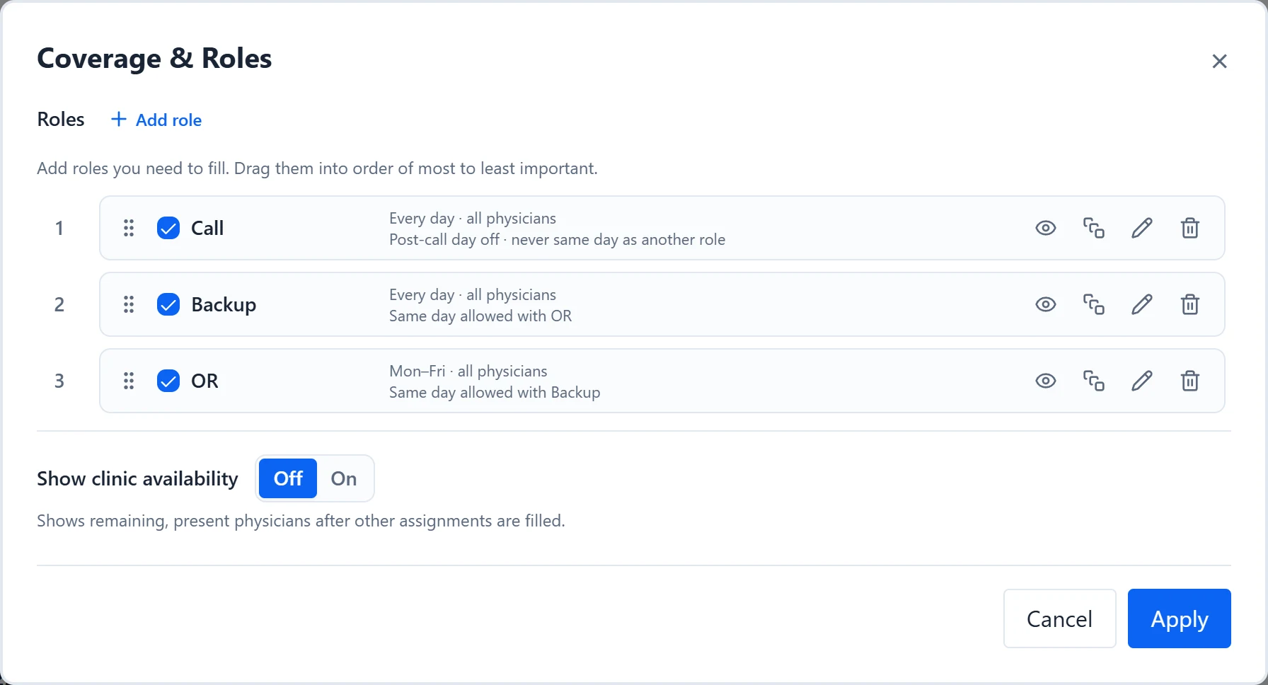 Coverage & Roles listing the Call, Backup, and OR roles in fill order, each with its include checkbox and a summary of its rules.