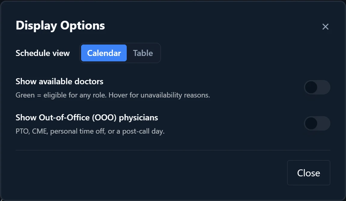 The Display Options dialog with Schedule view, Show available doctors, and Show Out-of-Office physicians.