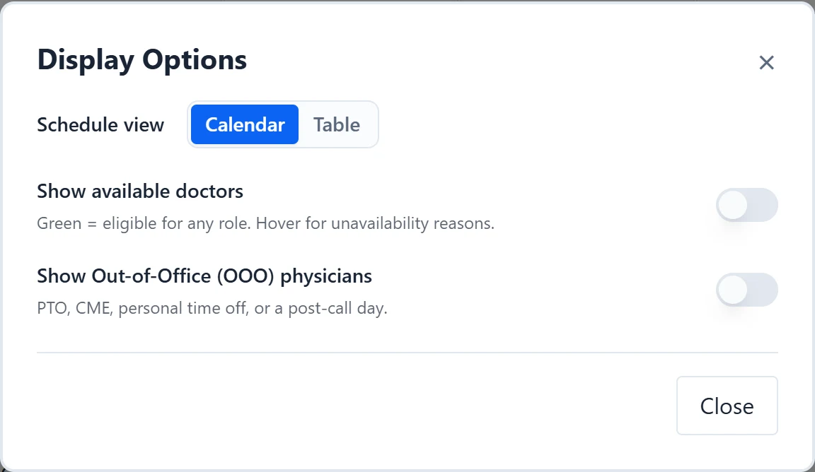 The Display Options dialog with Schedule view, Show available doctors, and Show Out-of-Office physicians.