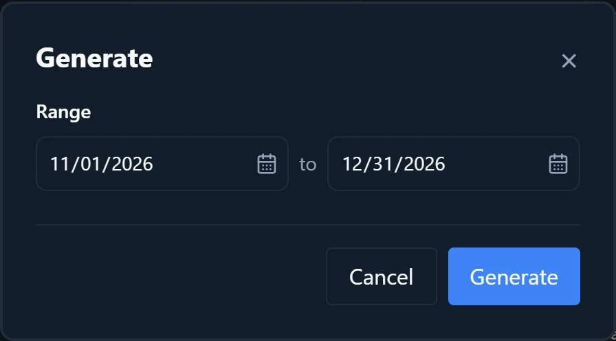 The Generate dialog with the date range and the count of unlocked assignments that will be replaced.