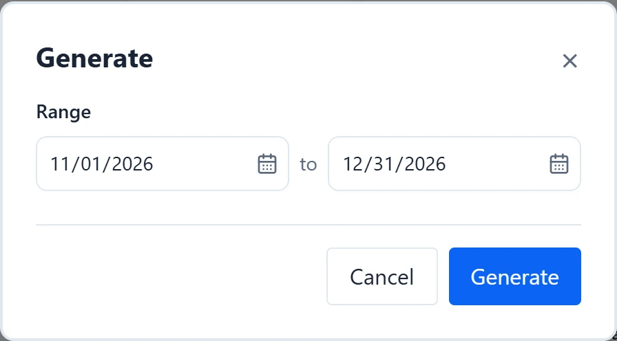 The Generate dialog with the date range and the count of unlocked assignments that will be replaced.