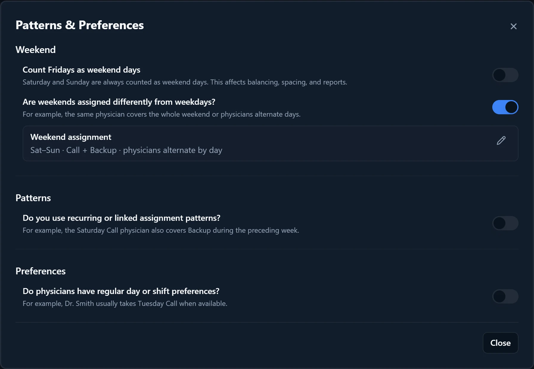 Patterns & Preferences with the Weekend section, recurring or linked patterns, and preferred days.