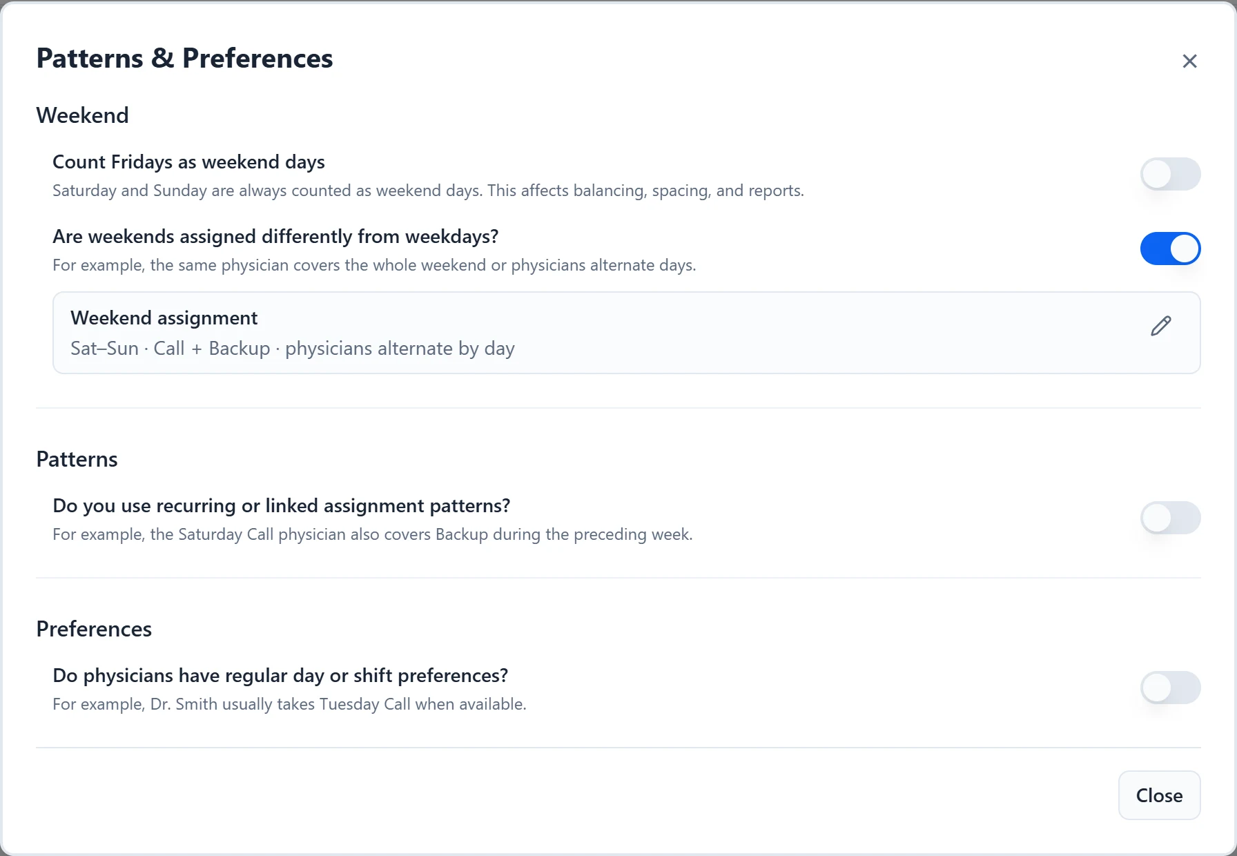 Patterns & Preferences with the Weekend section, recurring or linked patterns, and preferred days.