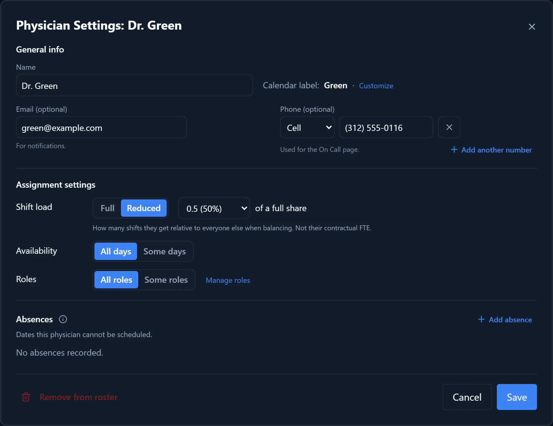 Physician Settings with Shift load set to Reduced.