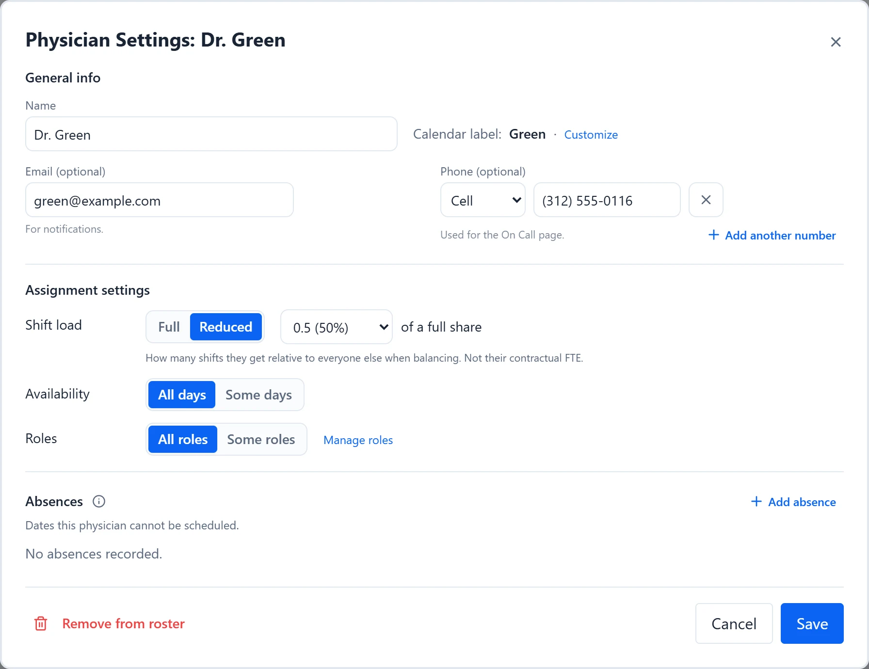 Physician Settings with Shift load set to Reduced.
