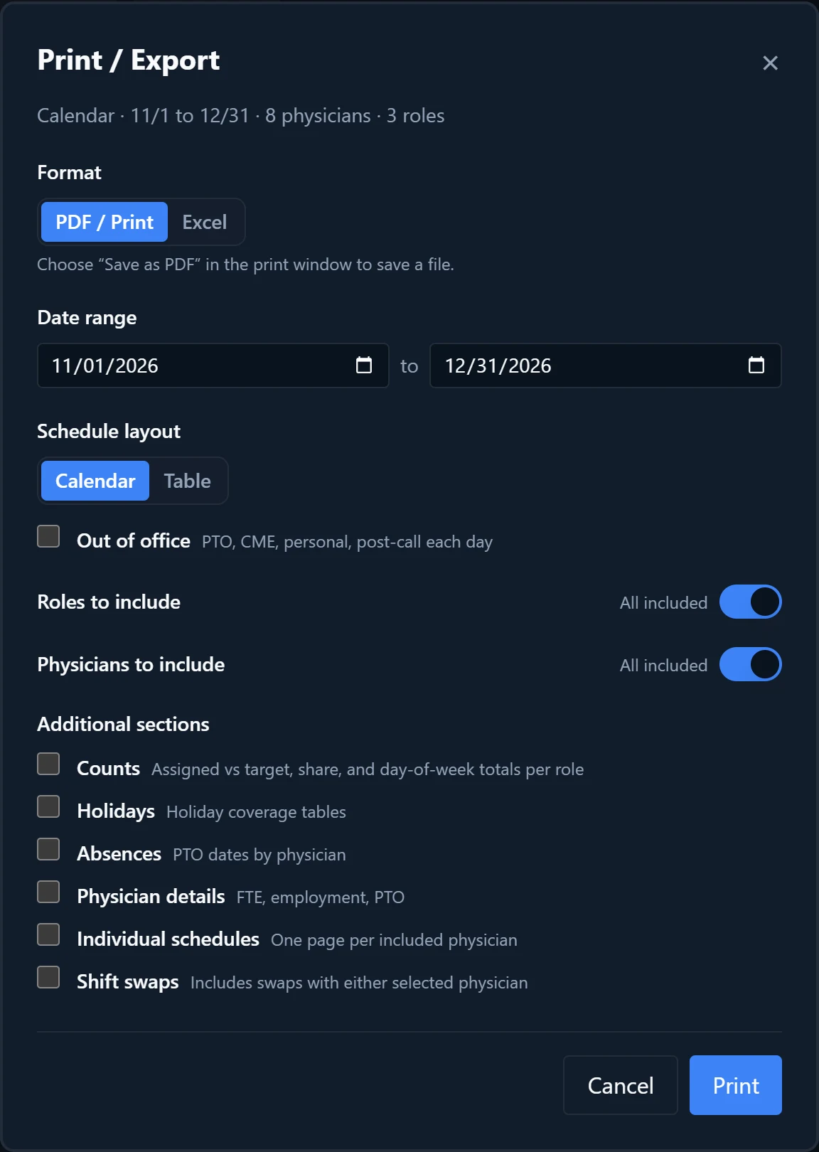 The Print / Export dialog with format, date range, schedule layout, filters, and additional sections.