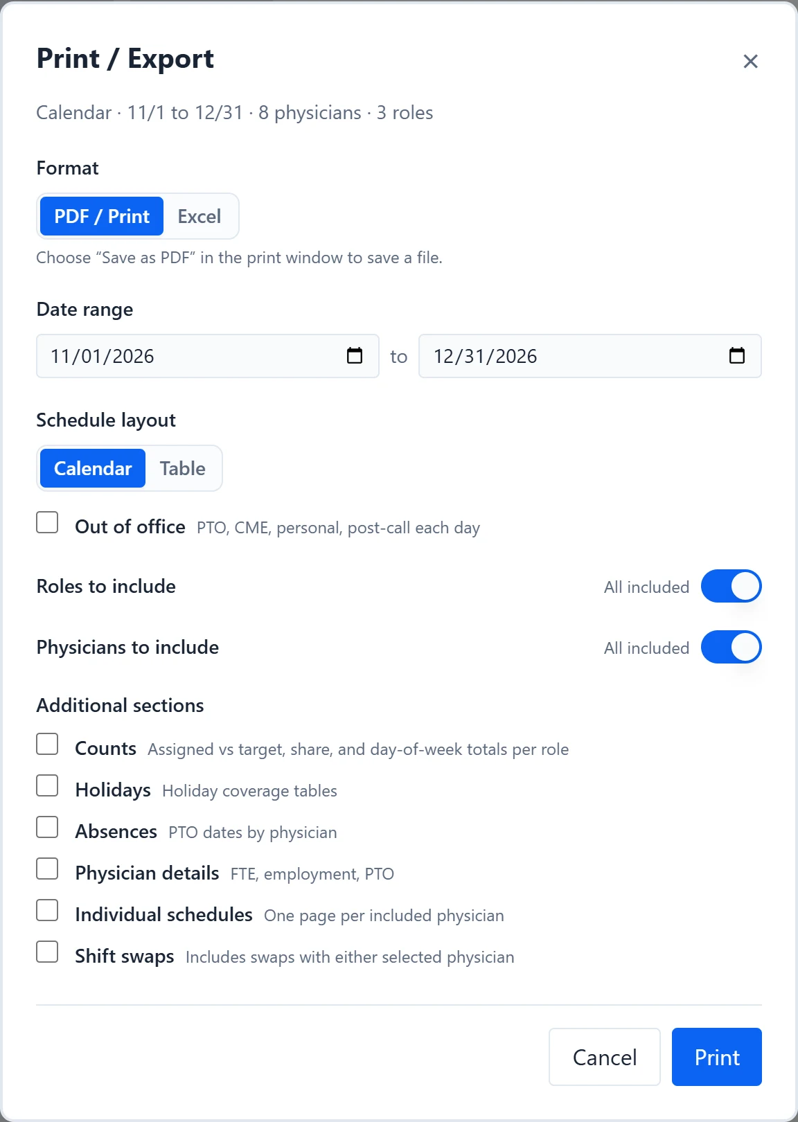 The Print / Export dialog with format, date range, schedule layout, filters, and additional sections.