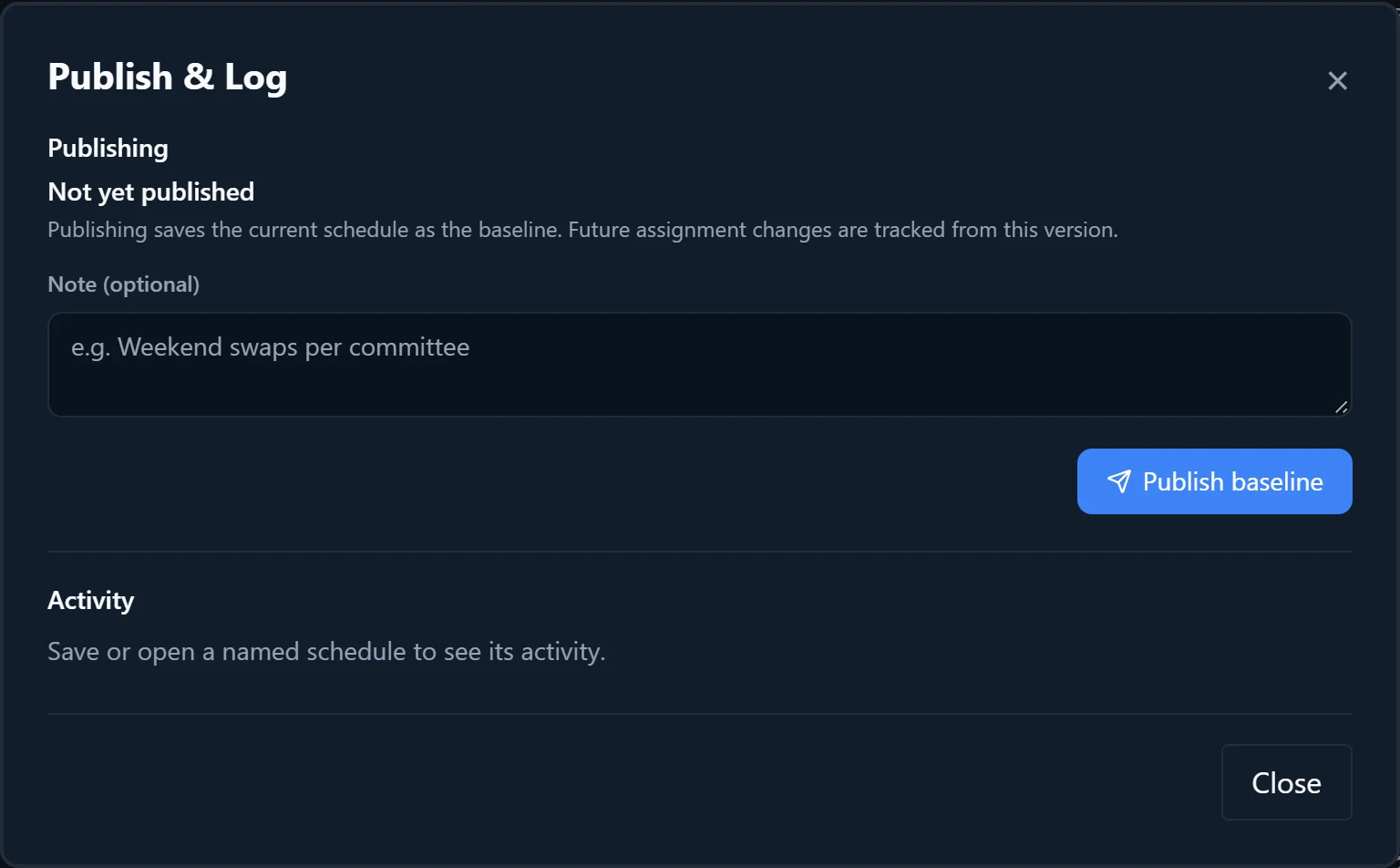 The Publish & Log dialog.
