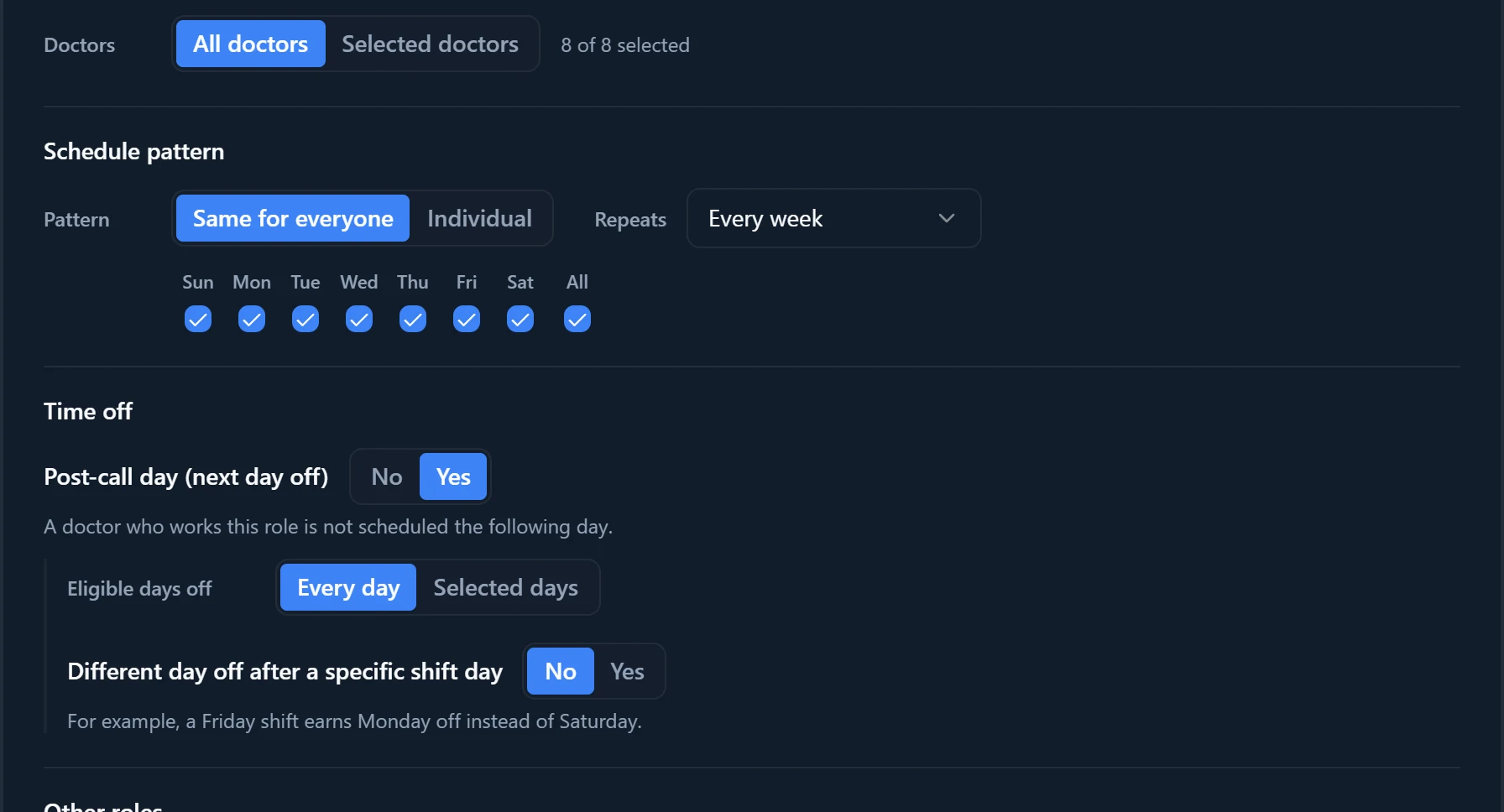The role form showing Doctors, Schedule pattern, and the Time off settings for a post-call day.