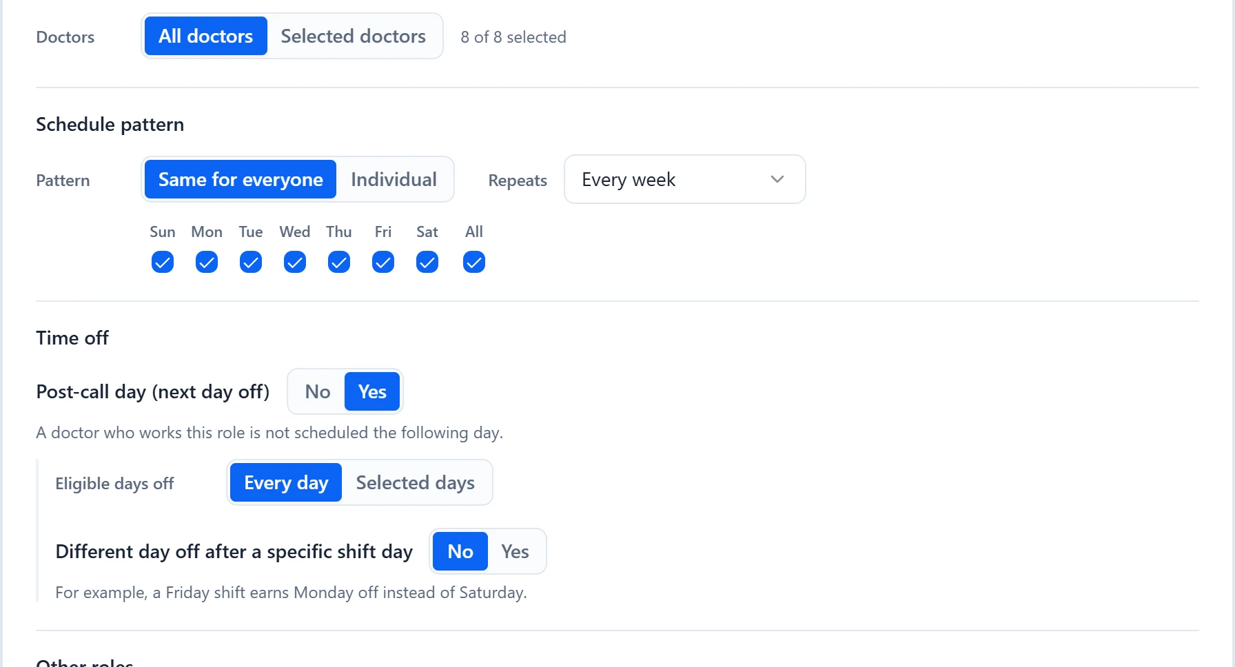 The role form showing Doctors, Schedule pattern, and the Time off settings for a post-call day.