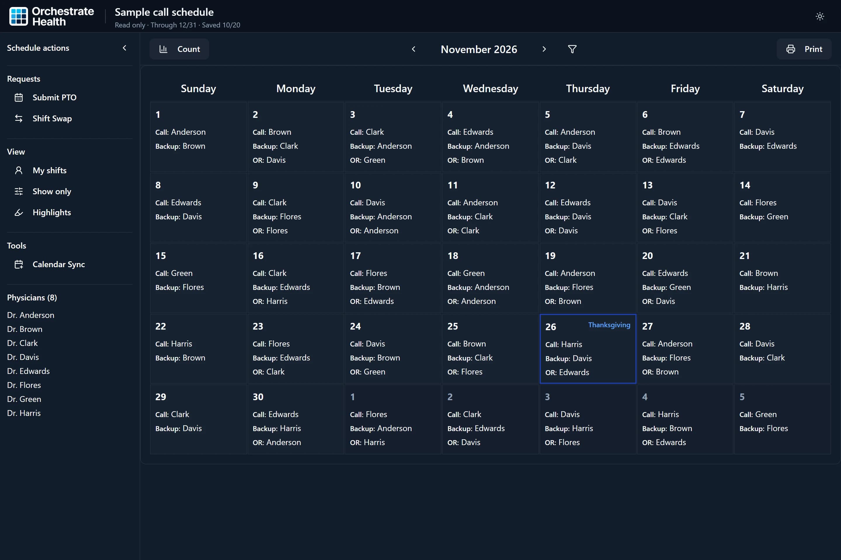 A shared call schedule on a computer, with Requests, View, and Tools in the sidebar.