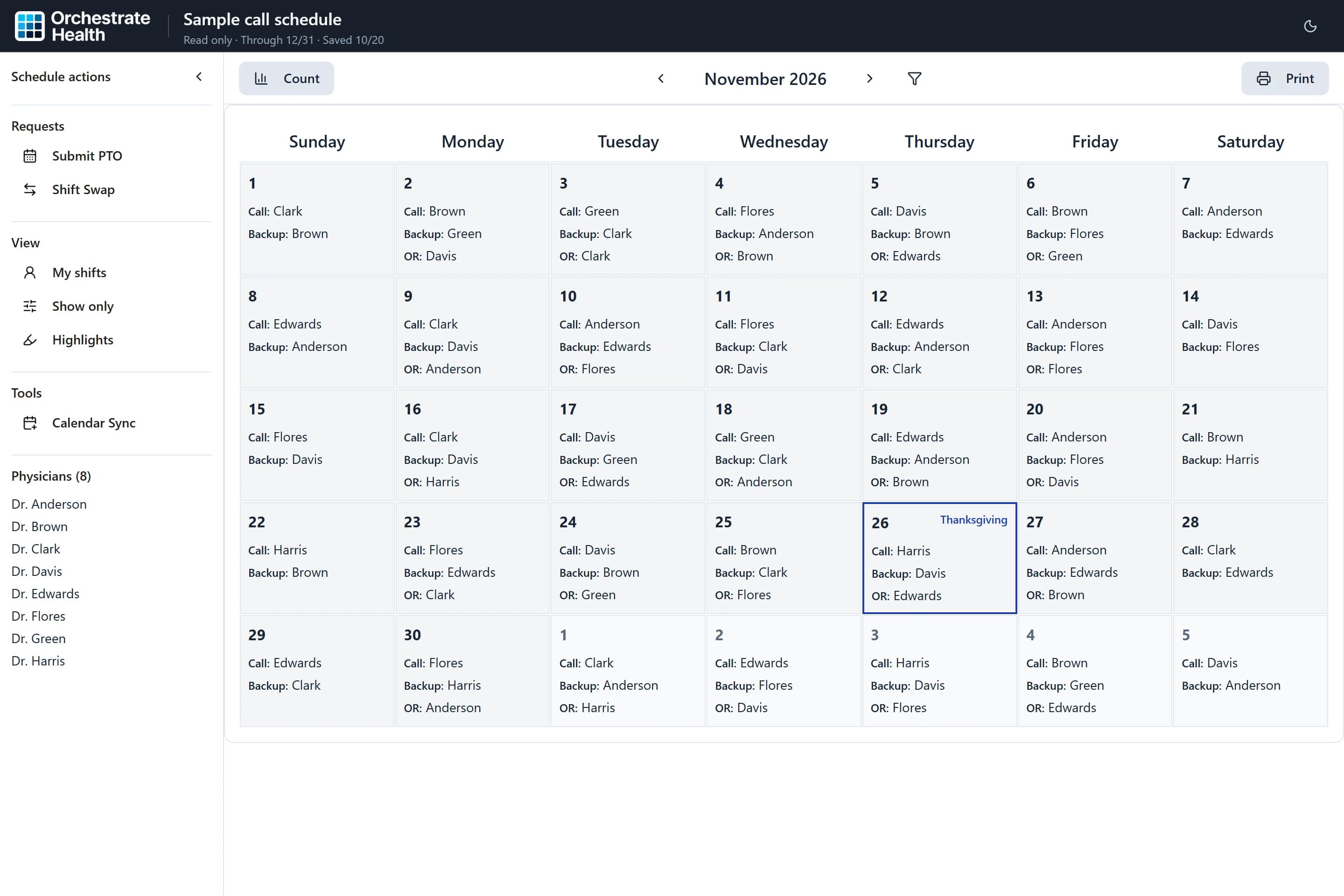 A shared call schedule on a computer, with Requests, View, and Tools in the sidebar.