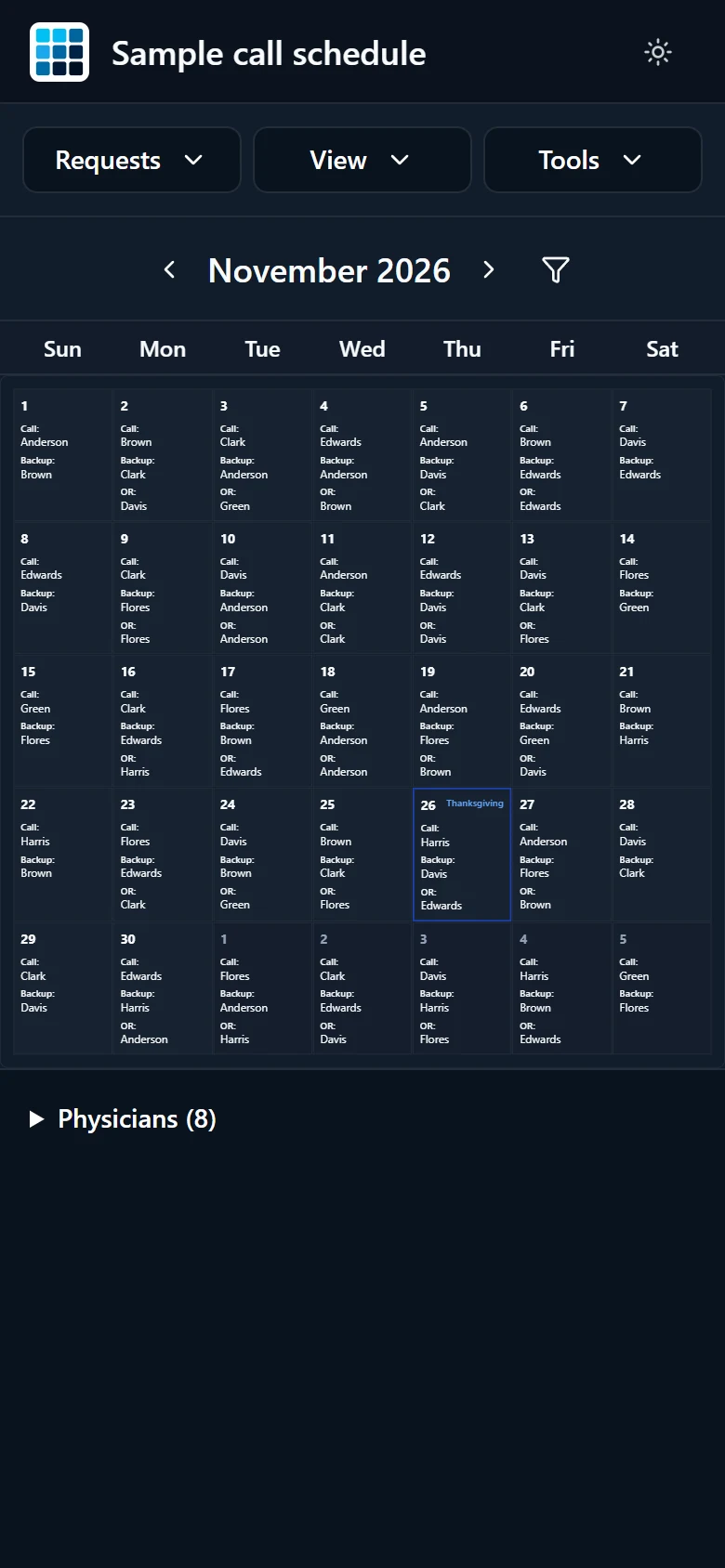 The same shared schedule on a phone, with the Requests, View, and Tools menus above the calendar.