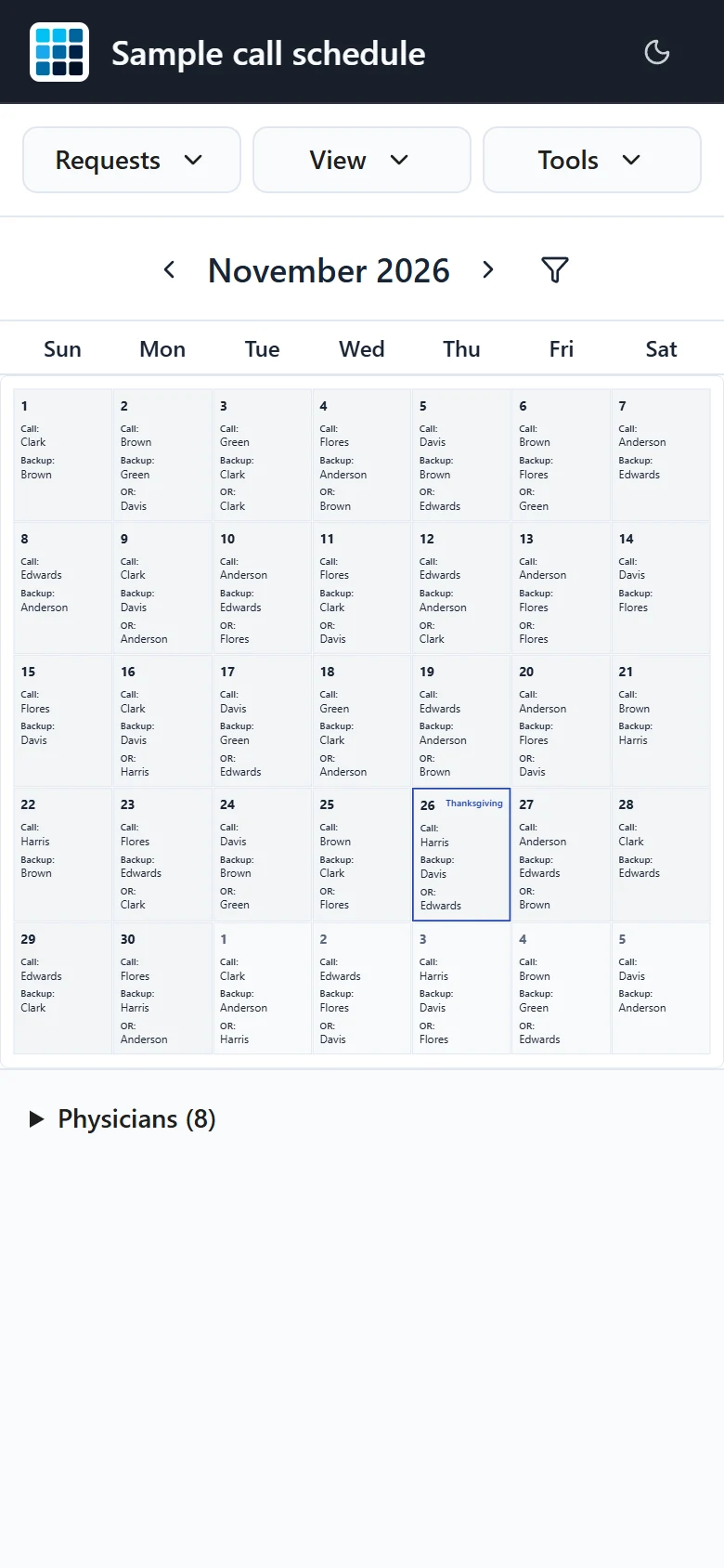 The same shared schedule on a phone, with the Requests, View, and Tools menus above the calendar.