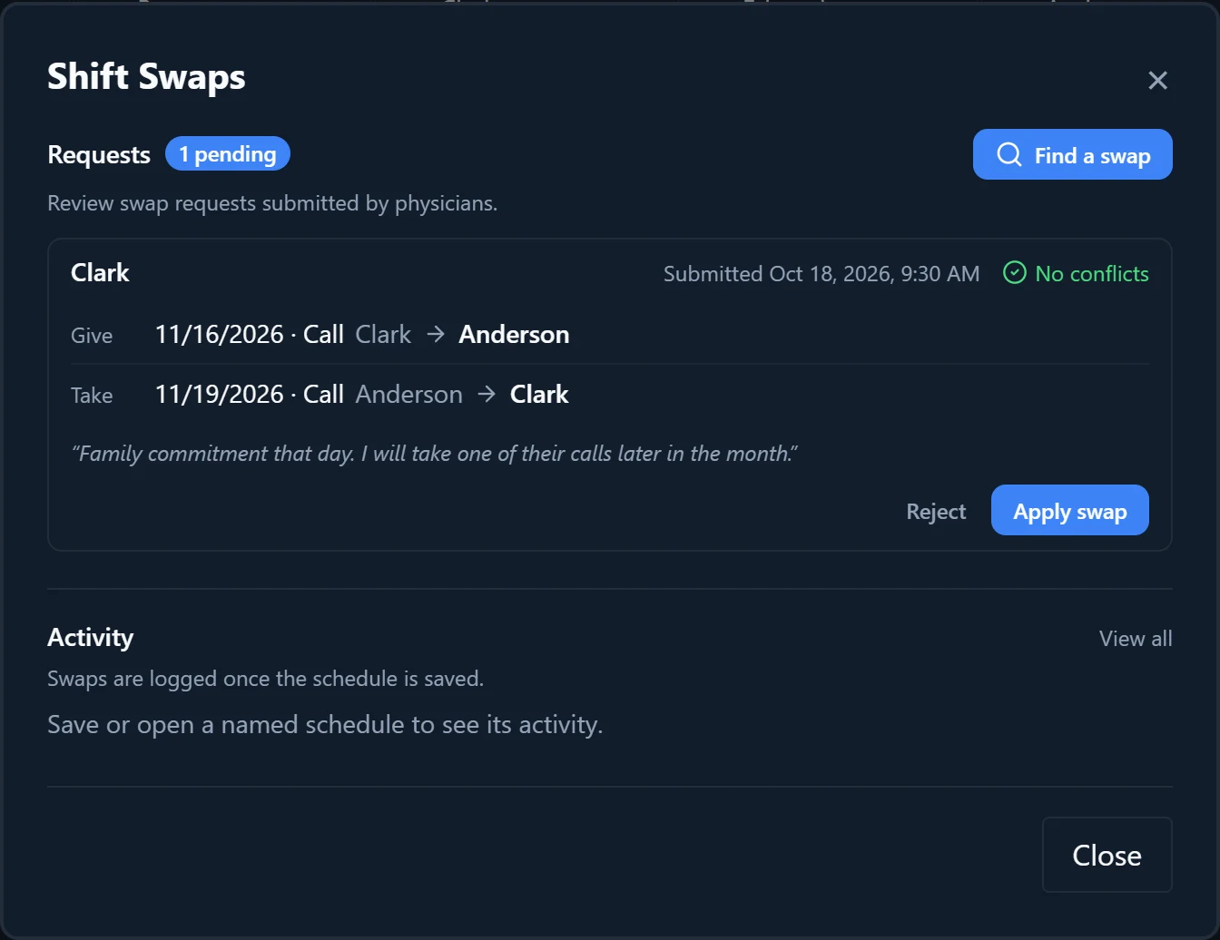 The Shift Swaps dialog showing a pending request with a give and a take-back move, its note, and Reject and Apply swap.