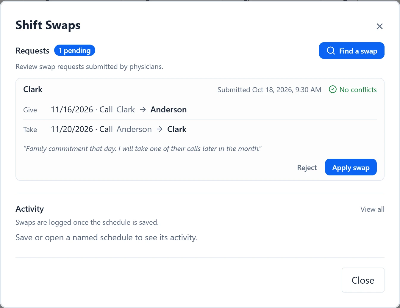 The Shift Swaps dialog showing a pending request with a give and a take-back move, its note, and Reject and Apply swap.
