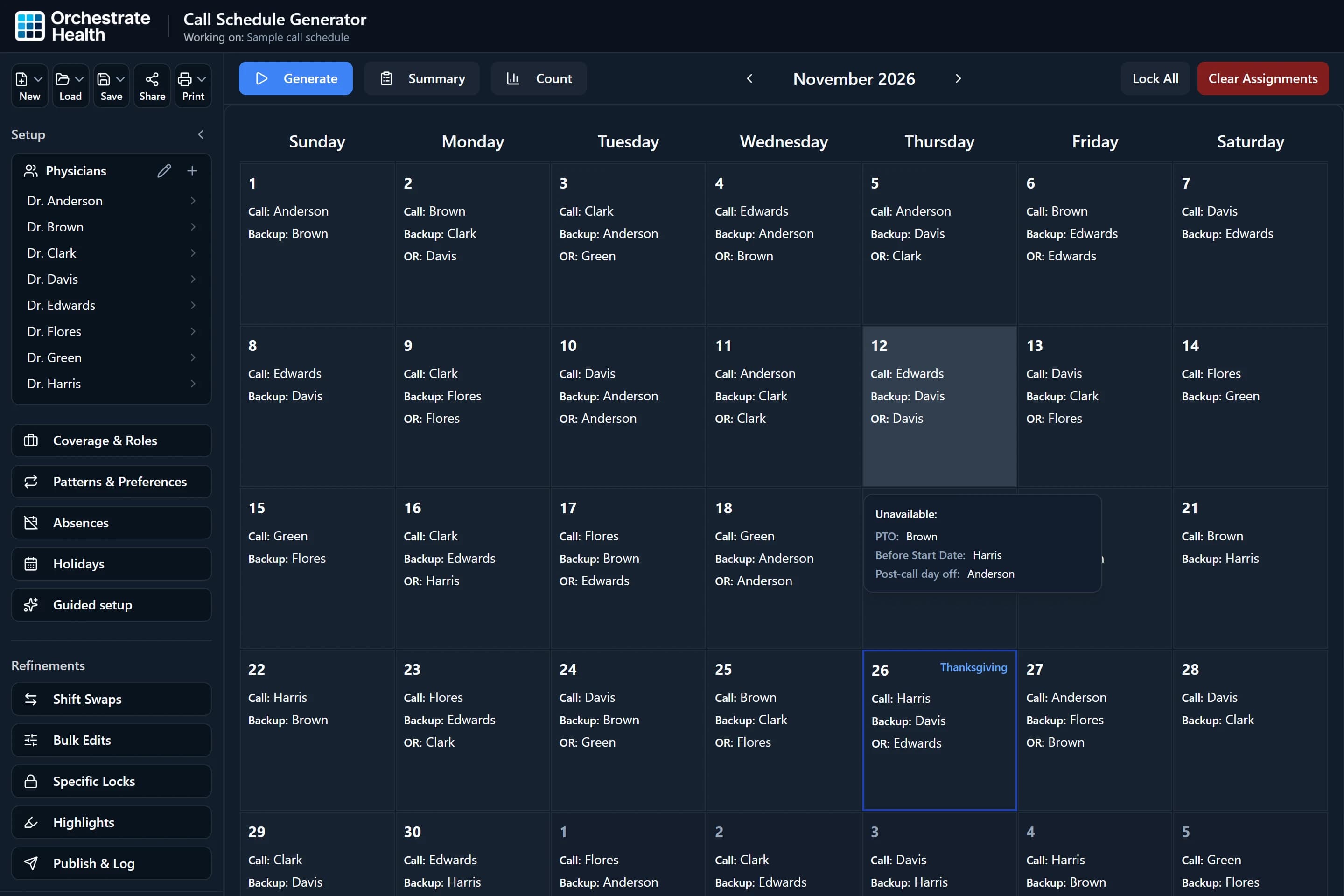 The scheduler with file buttons, the Setup and Refinements sections in the sidebar, and the toolbar above a generated November call schedule.