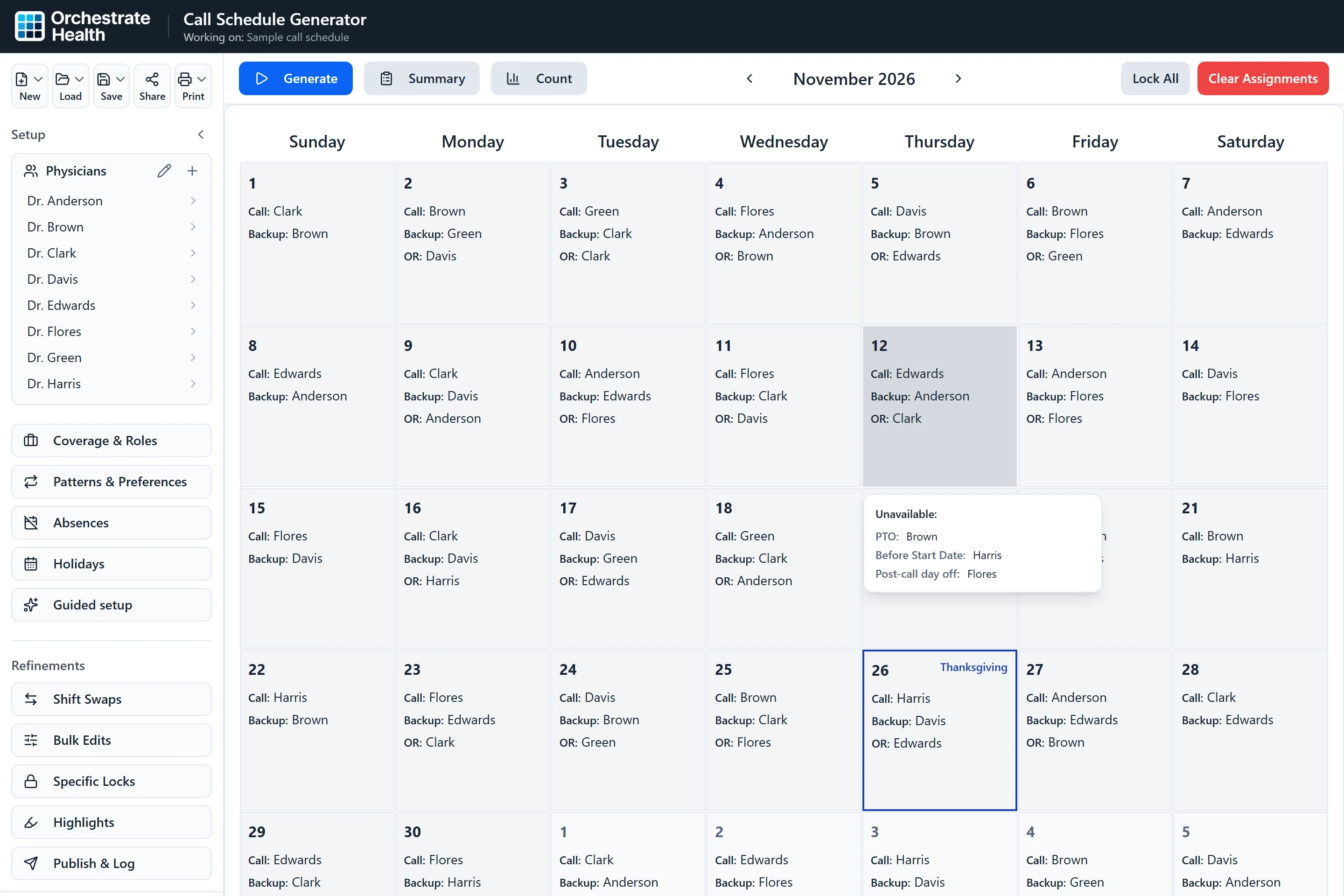 The scheduler with file buttons, the Setup and Refinements sections in the sidebar, and the toolbar above a generated November call schedule.