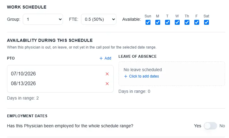 Physician settings showing PTO, leave of absence, and weekly availability