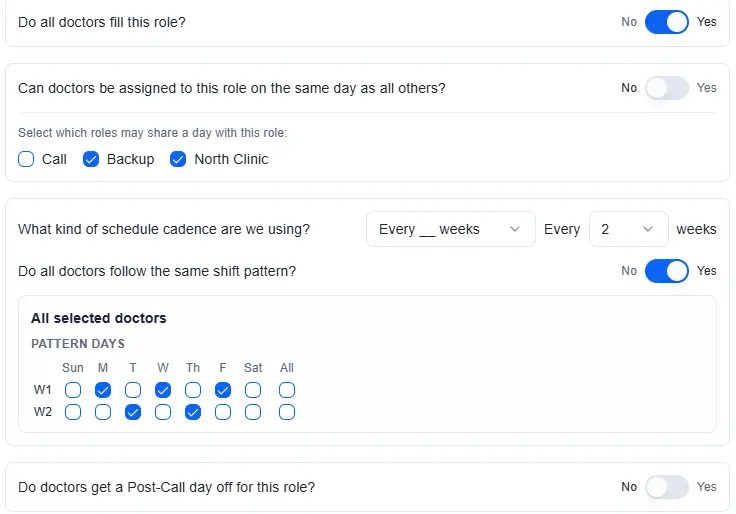 Role configuration showing coverage patterns, shift cadence, and exceptions