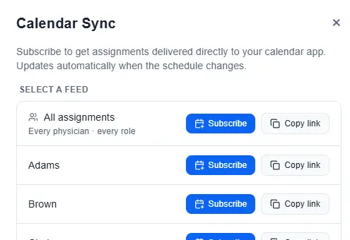 Calendar sync panel for subscribing to schedule feeds