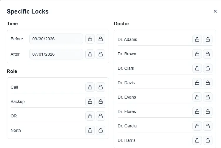Specific Locks panel for locking assignments by date, role, or doctor